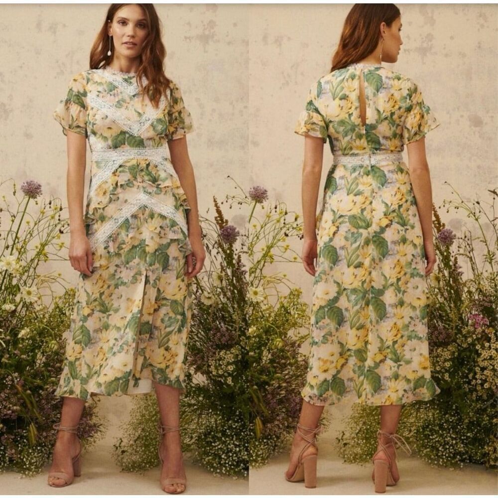 Floral Lace-Trim Midi Dress in Yellow and Green